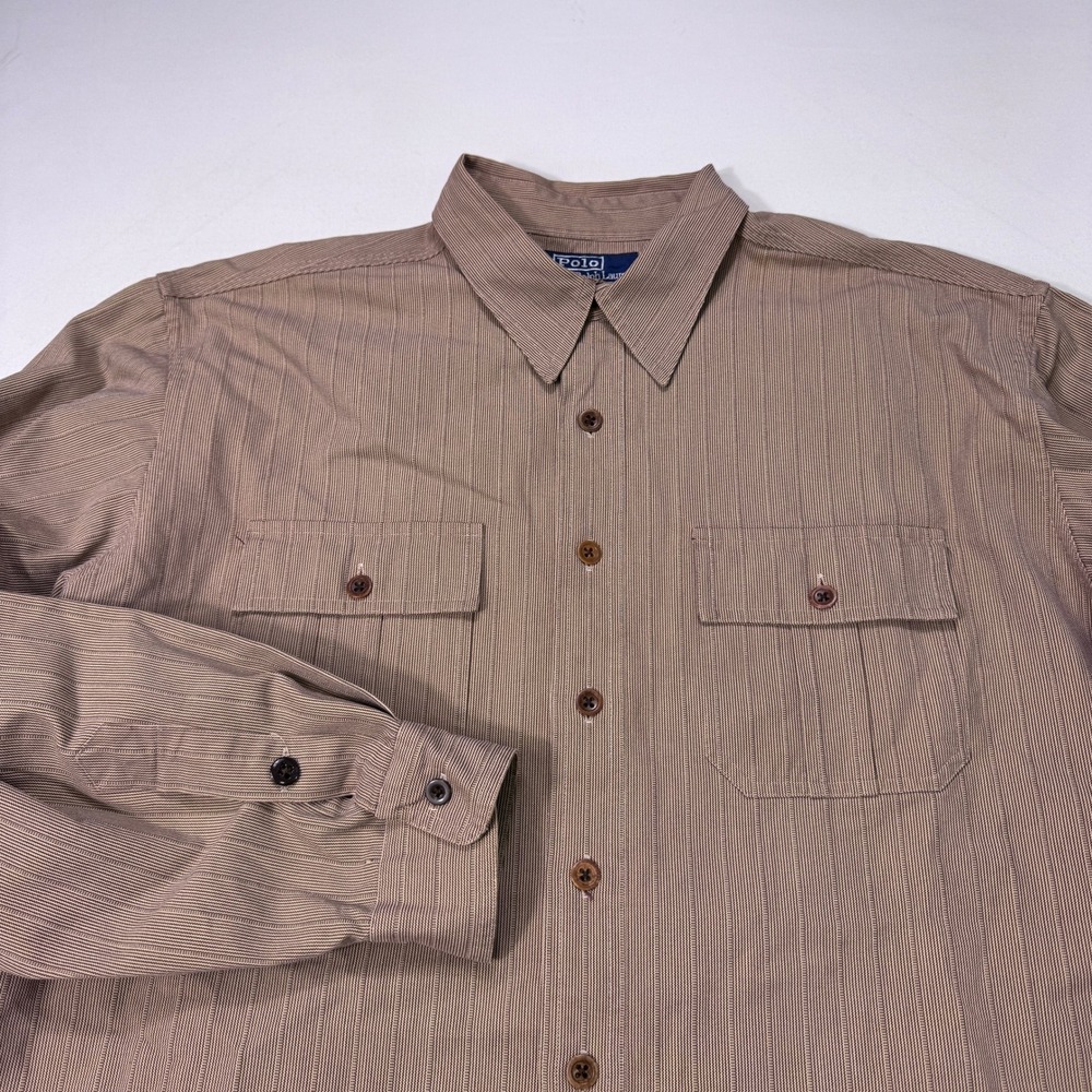 Polo Ralph Lauren Donington Shirt Mens XL Brown Micro Stripe Button VTG Pockets